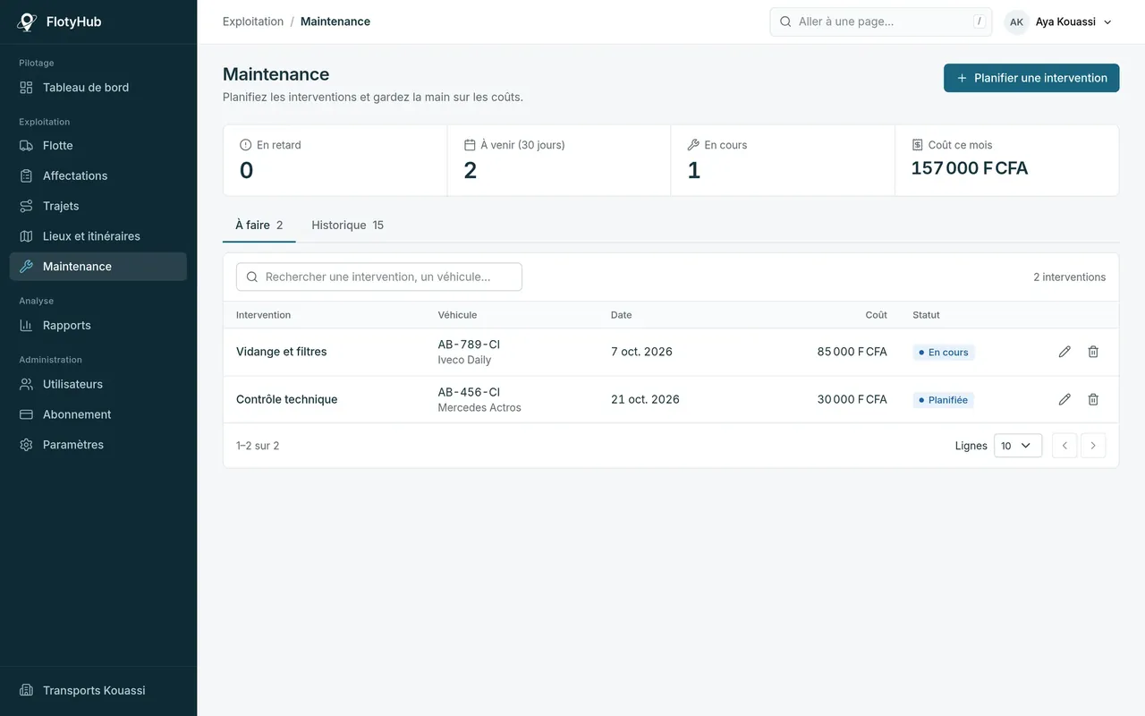 Planning de maintenance FlotyHub avec interventions à faire, en retard et coûts